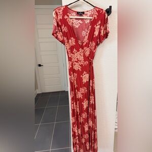 Lulu's Red and Cream Floral Wrap Maxi Dress